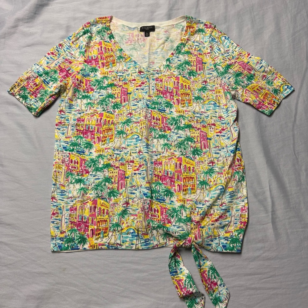 Talbot Santorini Greece Print Tie-Hem V-Neck Top in Bright Multi